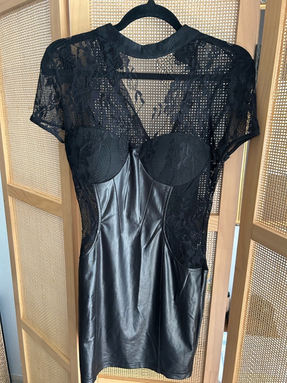 Fashion Nova Black Lace & Faux Leather Midi Dress